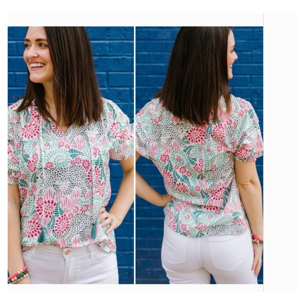 Michelle McDowell Grace Top Womens XL Pink Teal Leopard Lounge Tassel Blouse